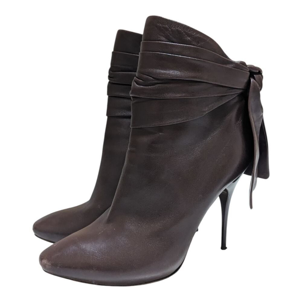 Alexander McQueen Brown Leather Pleat & Knot Ankle Boots Booties Bow‎ EU38 US 8